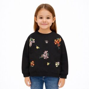 Zara Kids Black Crewneck Sweatshirt with Floral Embroidery | Girls Size 7